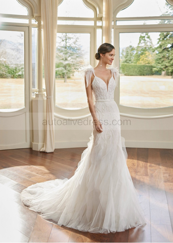 Stunning Beaded Ivory Lace Tulle Ruffled Mermaid Wedding Dress